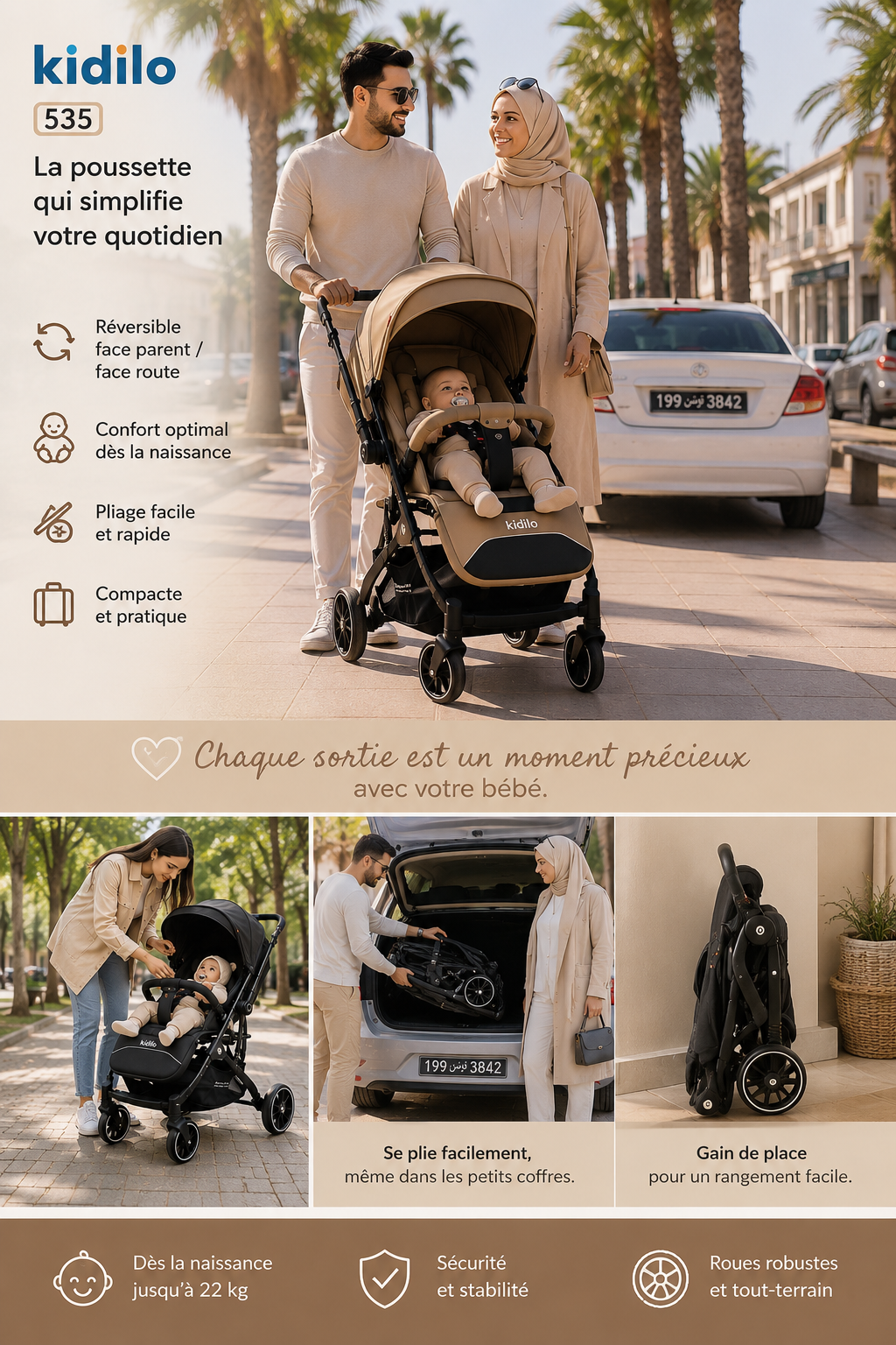 Poussette réversible Kidilo 535 – Face parent / Face route