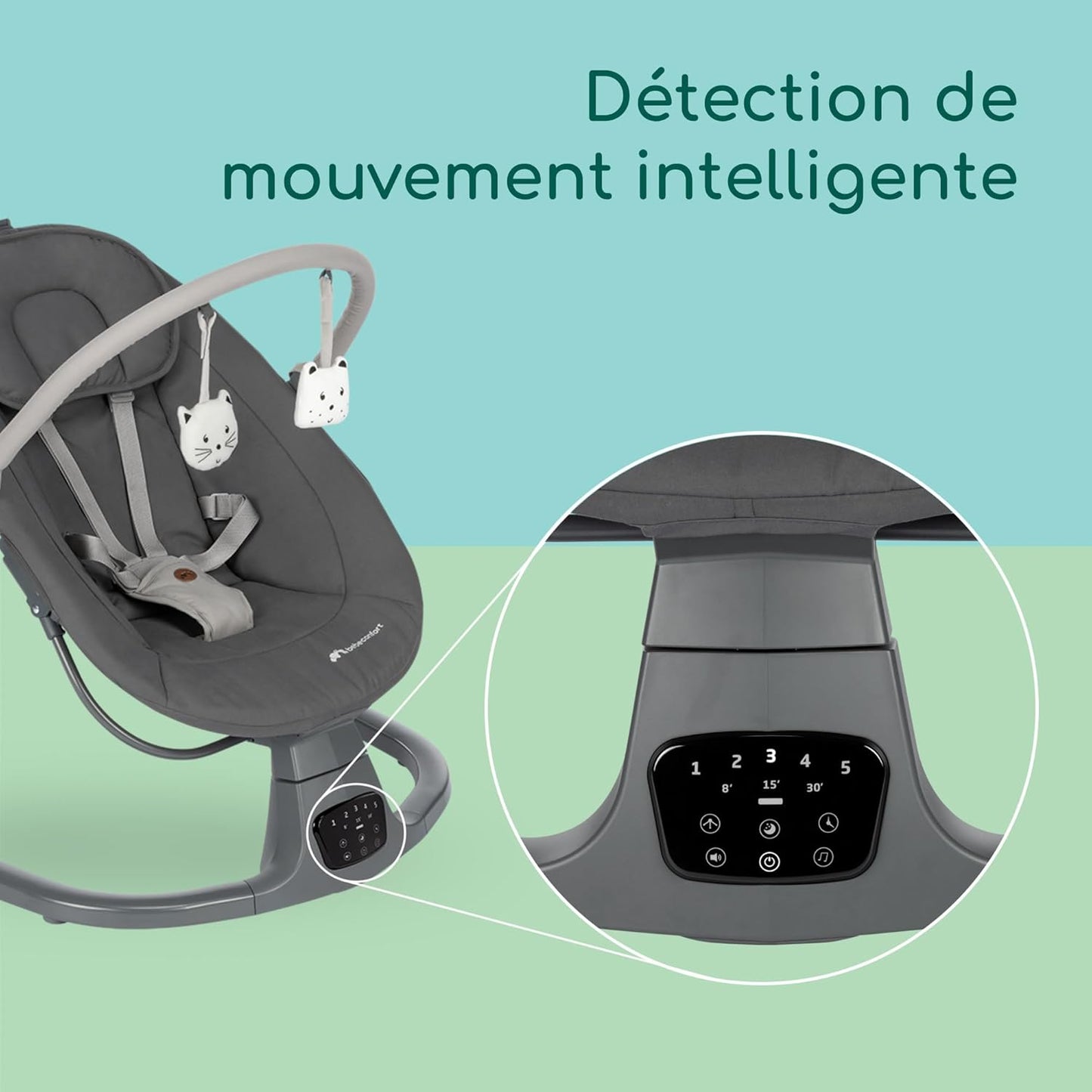 Balancelle électrique bébé  – 5 vitesses, détection de mouvement et musique