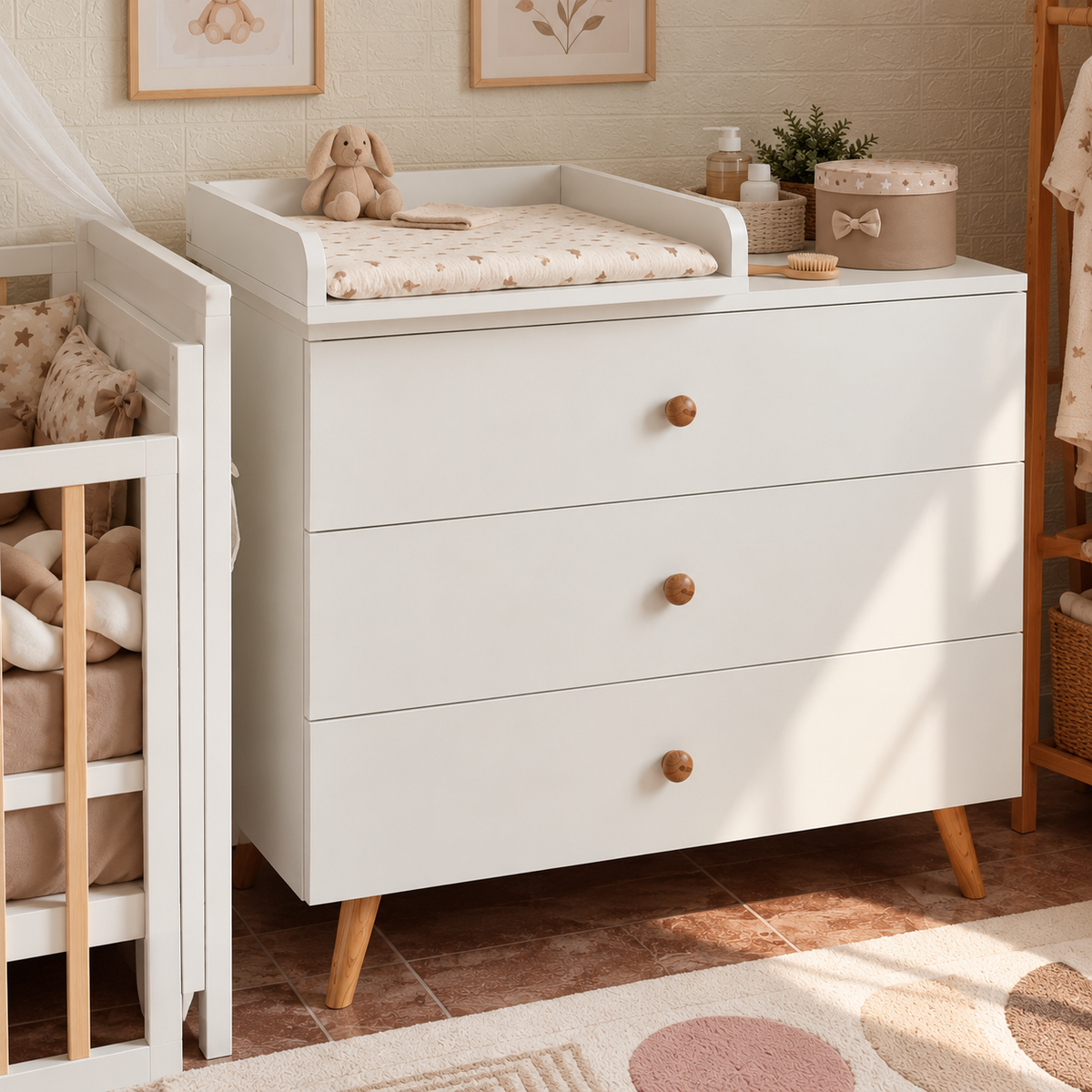 Commode bébé 3 tiroirs avec table à langer amovible – Blanc et bois | Esprit Jouets
