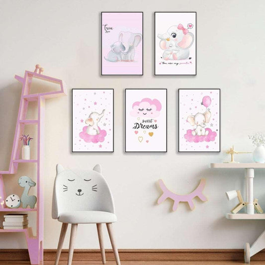 Série de 5 Tableaux Style éléphant rose